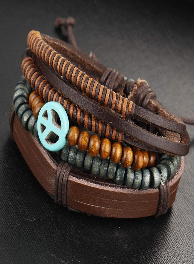 ZIVOM® Brown Leather Handcrafted Multi Strand Peace Wrist Band Bracelet for Men - Image 5