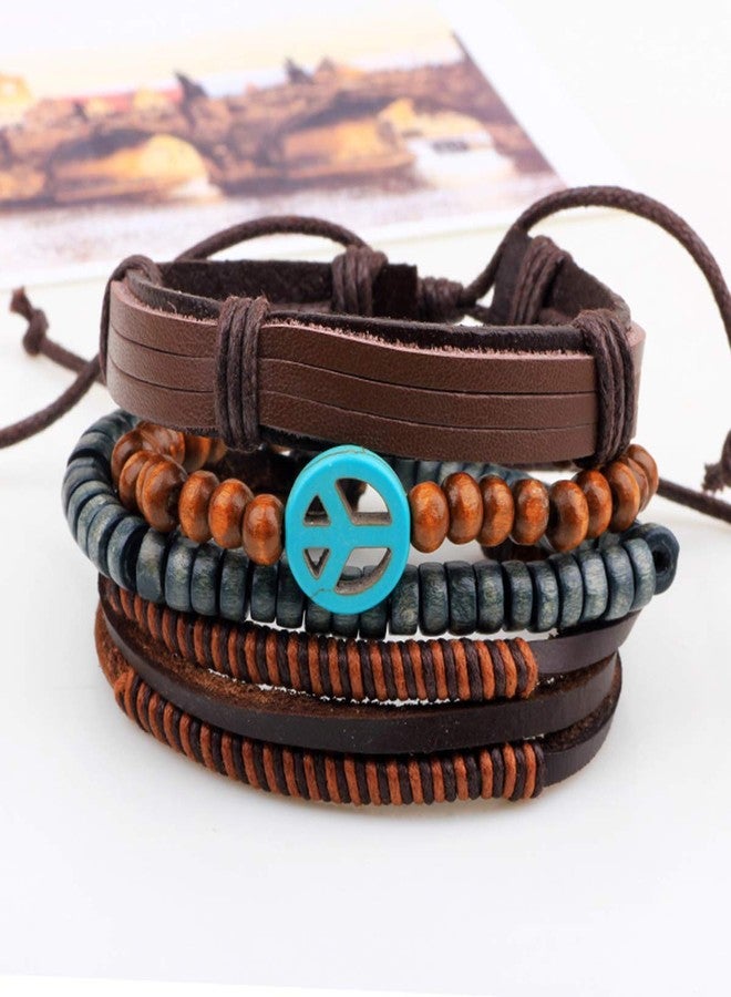 ZIVOM® Brown Leather Handcrafted Multi Strand Peace Wrist Band Bracelet for Men - Image 3
