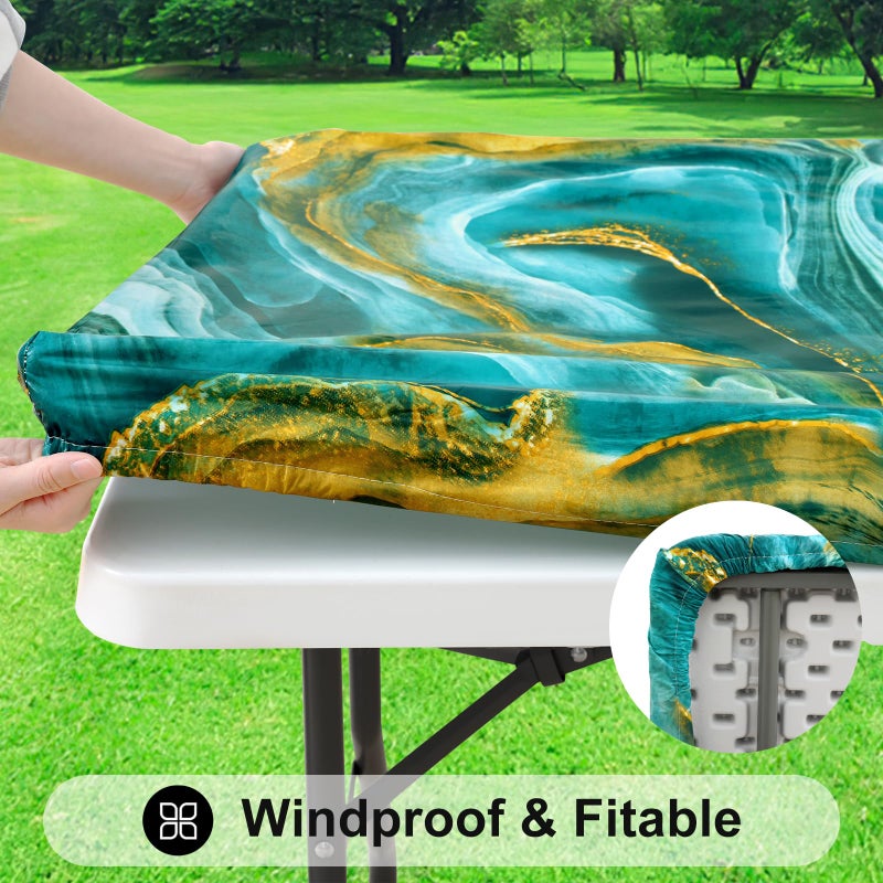 Smiry Rectangle Table Cloth Cover, Waterproof Elastic Fitted Picnic Tablecloth for 6 Foot Tables, Wipeable Flannel Backed Vinyl Tablecloths for Camping, Dining, Outdoor (Teal & Gold, 30" x 72") - Image 2