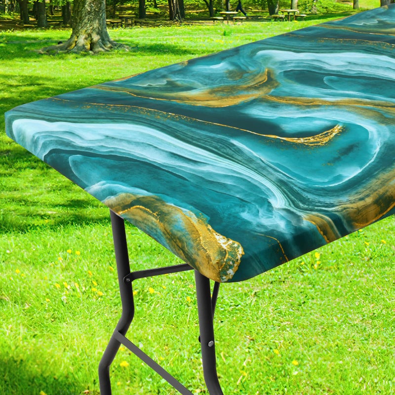 Smiry Rectangle Table Cloth Cover, Waterproof Elastic Fitted Picnic Tablecloth for 6 Foot Tables, Wipeable Flannel Backed Vinyl Tablecloths for Camping, Dining, Outdoor (Teal & Gold, 30" x 72") - Image 1