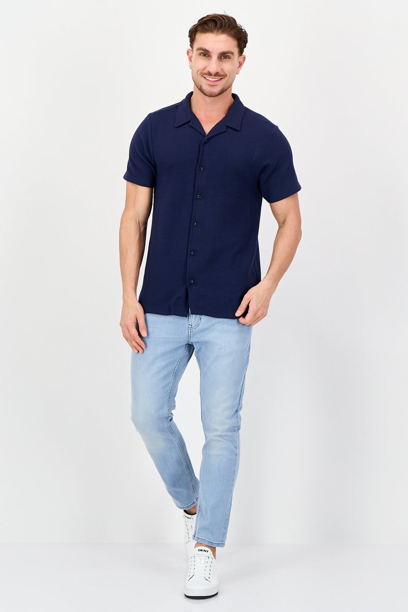 Threadbare Men Regular Fit Textured Short Sleeve Casual Shirt, Dark Navy - Image 2
