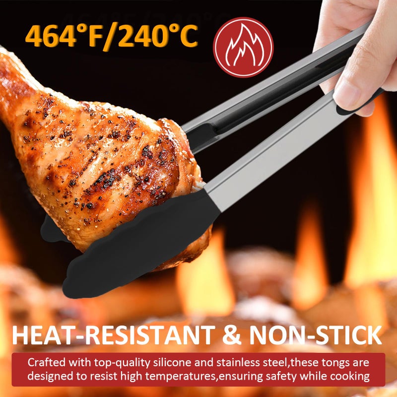 Beieverluck 9 Pieces Silicone Tongs for Cooking 7,9,12 inches Kitchen Tongs with Silicone Tip Stainless Steel Heat Resistant Cooking Tongs for Food Grill Salad BBQ Frying and Serving, Black - Image 4