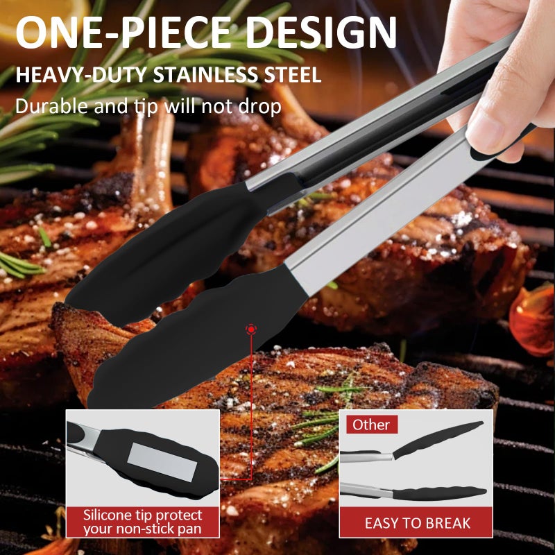 Beieverluck 9 Pieces Silicone Tongs for Cooking 7,9,12 inches Kitchen Tongs with Silicone Tip Stainless Steel Heat Resistant Cooking Tongs for Food Grill Salad BBQ Frying and Serving, Black - Image 3