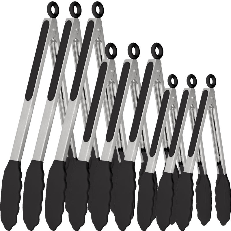 Beieverluck 9 Pieces Silicone Tongs for Cooking 7,9,12 inches Kitchen Tongs with Silicone Tip Stainless Steel Heat Resistant Cooking Tongs for Food Grill Salad BBQ Frying and Serving, Black - Image 1