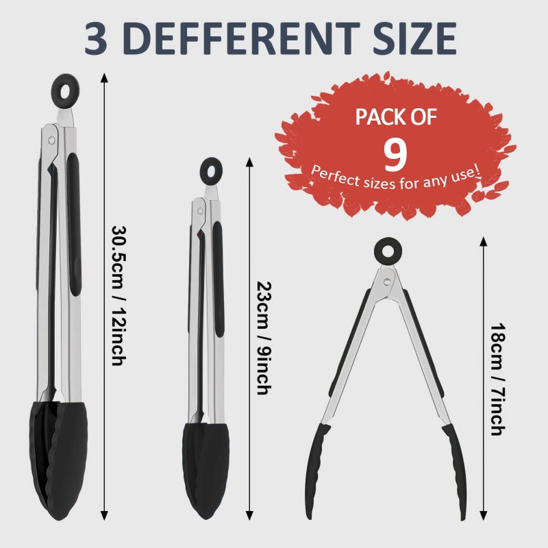 Beieverluck 9 Pieces Silicone Tongs for Cooking 7,9,12 inches Kitchen Tongs with Silicone Tip Stainless Steel Heat Resistant Cooking Tongs for Food Grill Salad BBQ Frying and Serving, Black - Image 2