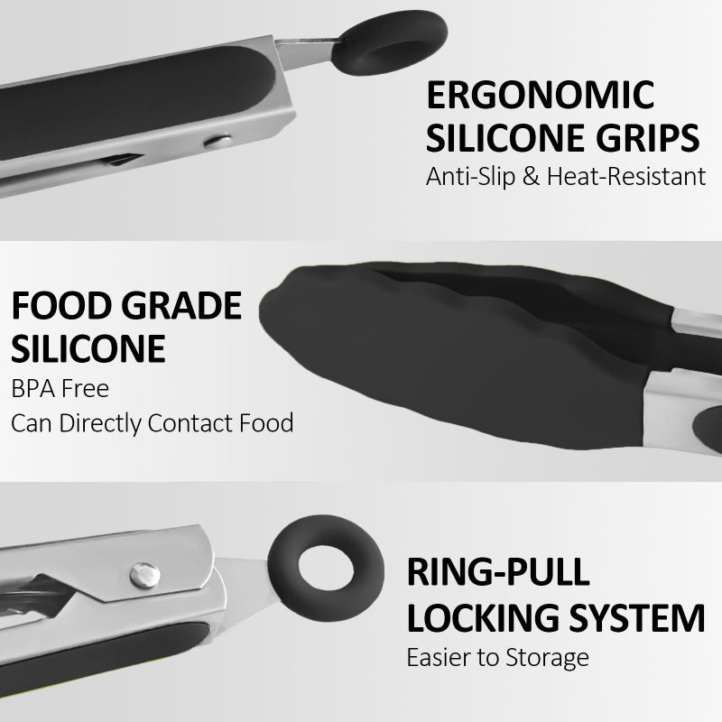 Beieverluck 9 Pieces Silicone Tongs for Cooking 7,9,12 inches Kitchen Tongs with Silicone Tip Stainless Steel Heat Resistant Cooking Tongs for Food Grill Salad BBQ Frying and Serving, Black - Image 5