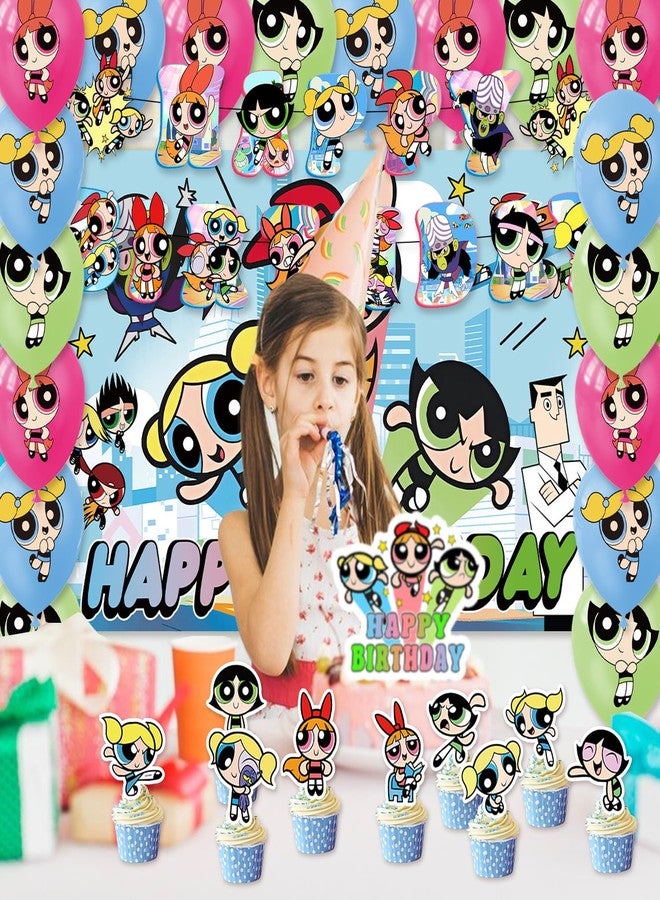 OMTO 42pcs Power Girls Party Supplies Pack Includes，Banner，Cake Topper，Blackdrop,Balloons for Power Girls party supplies - Image 5