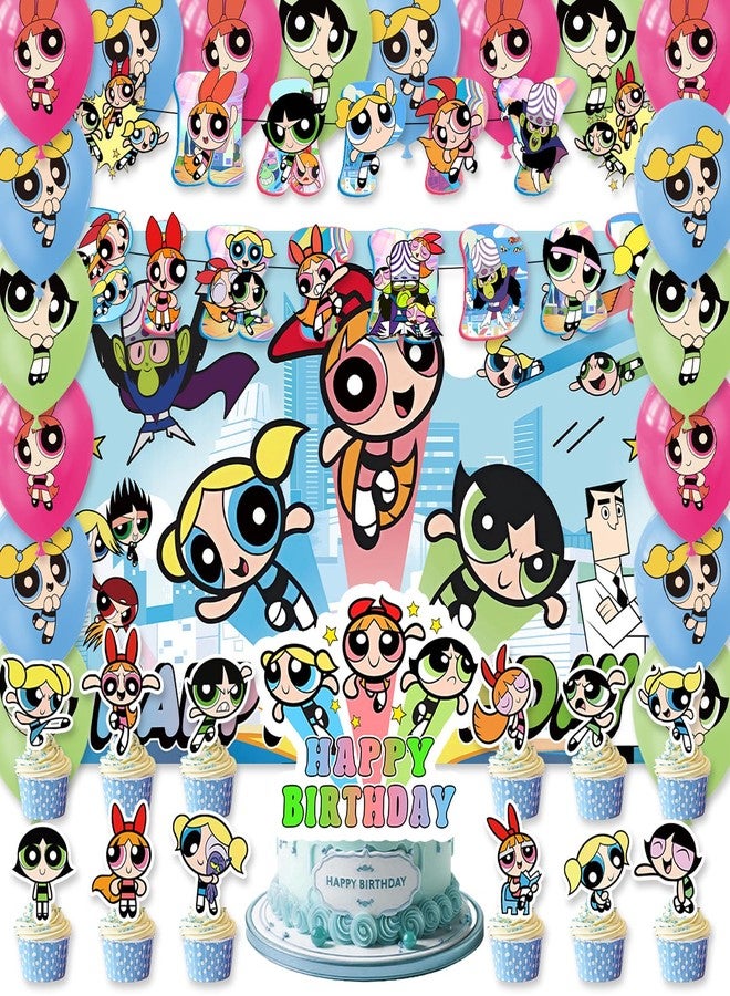 OMTO 42pcs Power Girls Party Supplies Pack Includes，Banner，Cake Topper，Blackdrop,Balloons for Power Girls party supplies - Image 1