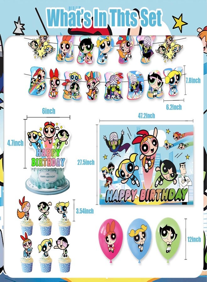 OMTO 42pcs Power Girls Party Supplies Pack Includes，Banner，Cake Topper，Blackdrop,Balloons for Power Girls party supplies - Image 3