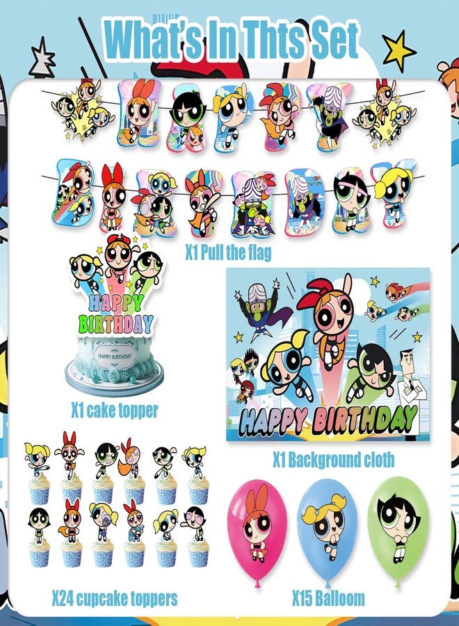 OMTO 42pcs Power Girls Party Supplies Pack Includes，Banner，Cake Topper，Blackdrop,Balloons for Power Girls party supplies - Image 2