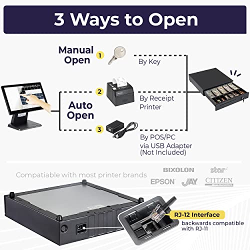 Volcora Cash Register Drawer for Point of Sale (POS) System with Removable Coin Slots, 5 Bill/6 Coin, 12-24V, RJ11/RJ12 Key-Lock, Media Slot, Black - Image 4