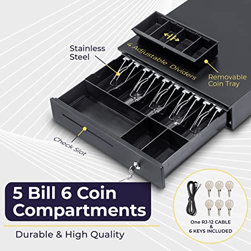 Volcora Cash Register Drawer for Point of Sale (POS) System with Removable Coin Slots, 5 Bill/6 Coin, 12-24V, RJ11/RJ12 Key-Lock, Media Slot, Black - Image 3