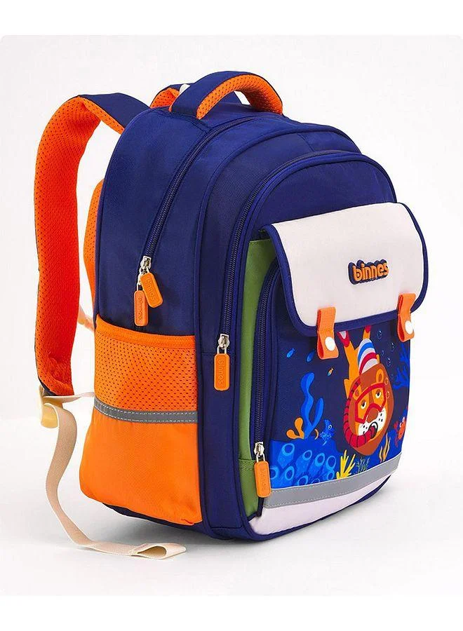 Bonfino Bonfino Lion Themed School Bag, Padded Shoulder Straps, Premium Craftsmanship, Ultra-Light, Spacious, 3 Years+, Navy and Orange - 15 Inches
