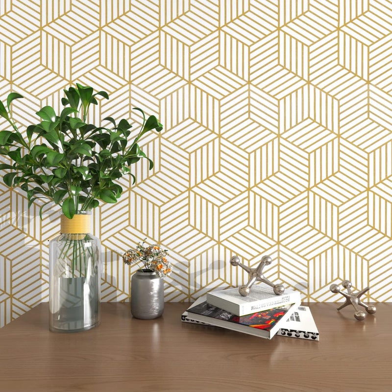 MelunMer Gold Geometric Wallpaper Peel and Stick 276In L 17.7In W Self Adhesive Removable Wallpaper for Bedroom/Bathroom Waterproof Gold/White Contact Paper Hexagon Modern Contact Paper for Cabinets - Image 1