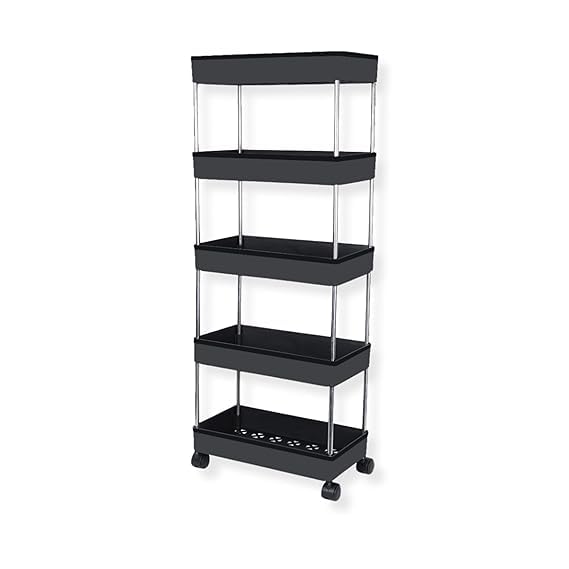 Leaffybezz Plastic Multipurpose 5-Tier Storage Shelf, Storage Rack with Wheels, Storage Organizer Cart for Kitchen, Pantry Closet, Bedroom, Bathroom(5 Layer, Black) - Image 2