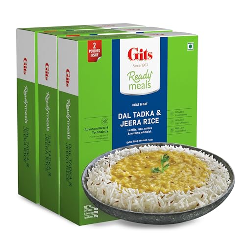Gits Ready to Eat Jeera Rice + Dal Tadka Combo Indian Meal, Pure Veg Heat and Eat, 1125g (Pack of 3 X 375g Each) - Image 1