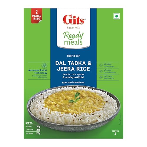 Gits Ready to Eat Jeera Rice + Dal Tadka Combo Indian Meal, Pure Veg Heat and Eat, 1125g (Pack of 3 X 375g Each) - Image 2