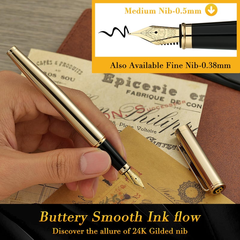 BEILUNER Gold Fountain Pen,Stunning Luxury Pens with 24K Gold Finish, Gorgeous 24K Gilded Nib(Medium), Fancy Pen Gift Set for Men&Women -Ink Converter-Elegant,Office,Nice Pen for Writing - Image 4