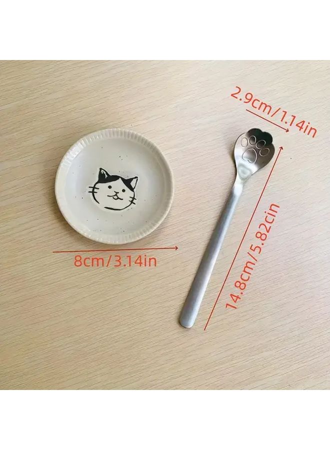 Black 2pcs Rustic Ceramic Kitten Print Spoon Holder With Cat Paw Sauce Dish - Image 3