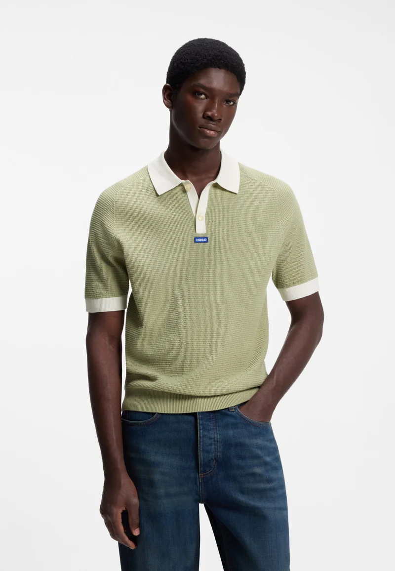 HUGO Waffle-knit polo in cotton with contrast trims