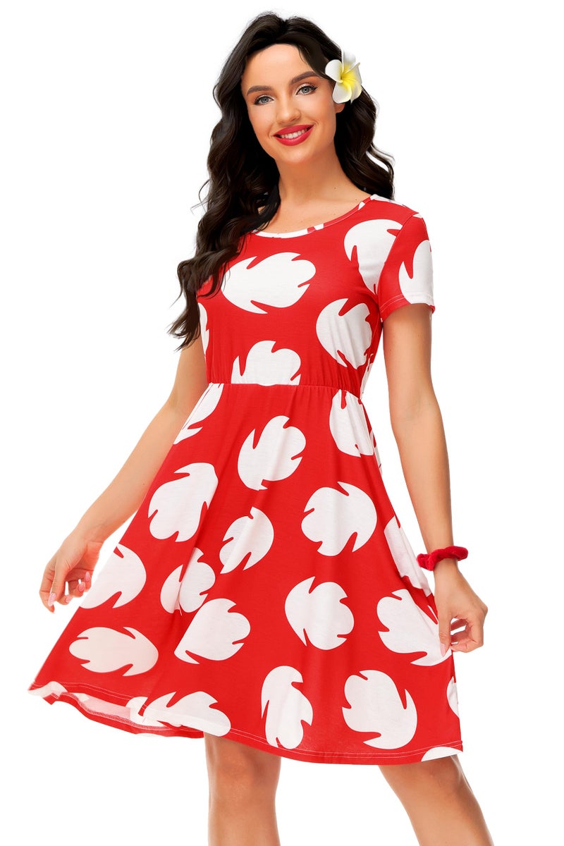 Women Red Leaf Dresses Hawaiian Princess Dress Short Sleeve Knee Length TShirt Dress S