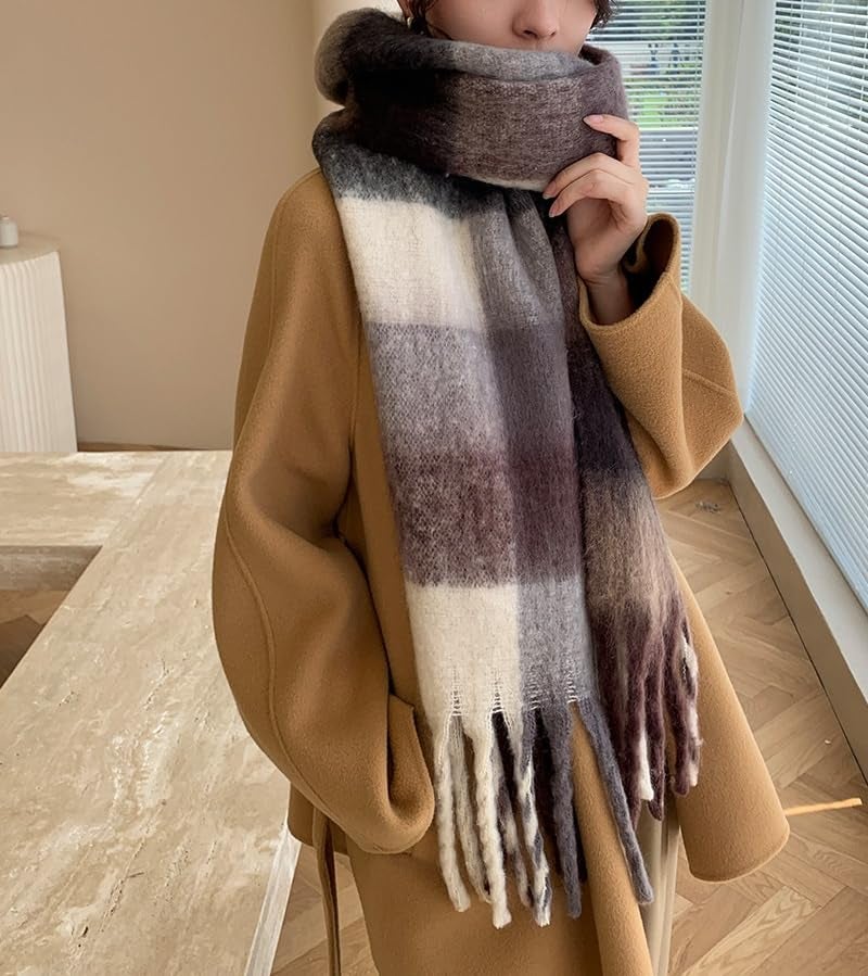 TYHOTULY Chunky Scarf for Women Winter Plaid Thick Warm Long Shawl Wraps Cold Weather Big Christmas Fashion Blanket Scarves (Khaki Brown Black 38) - Image 5