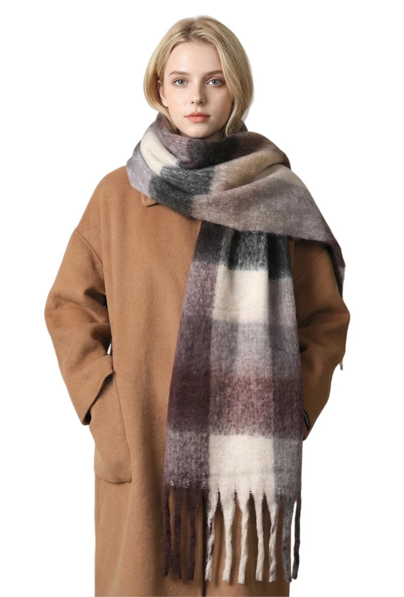 TYHOTULY Chunky Scarf for Women Winter Plaid Thick Warm Long Shawl Wraps Cold Weather Big Christmas Fashion Blanket Scarves (Khaki Brown Black 38) - Image 1