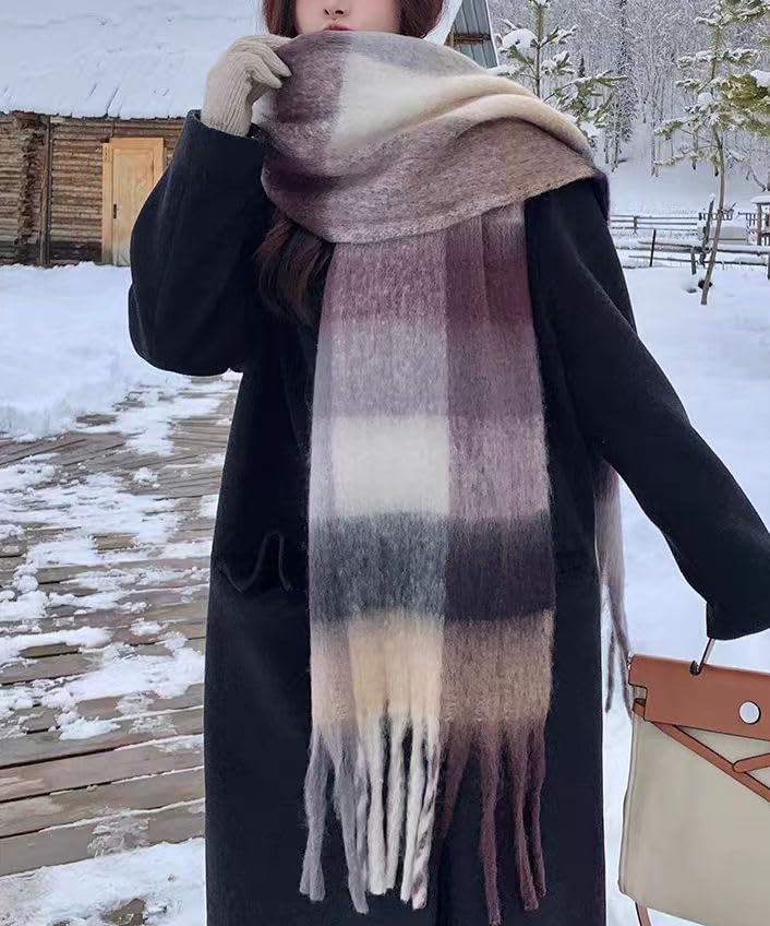 TYHOTULY Chunky Scarf for Women Winter Plaid Thick Warm Long Shawl Wraps Cold Weather Big Christmas Fashion Blanket Scarves (Khaki Brown Black 38) - Image 3