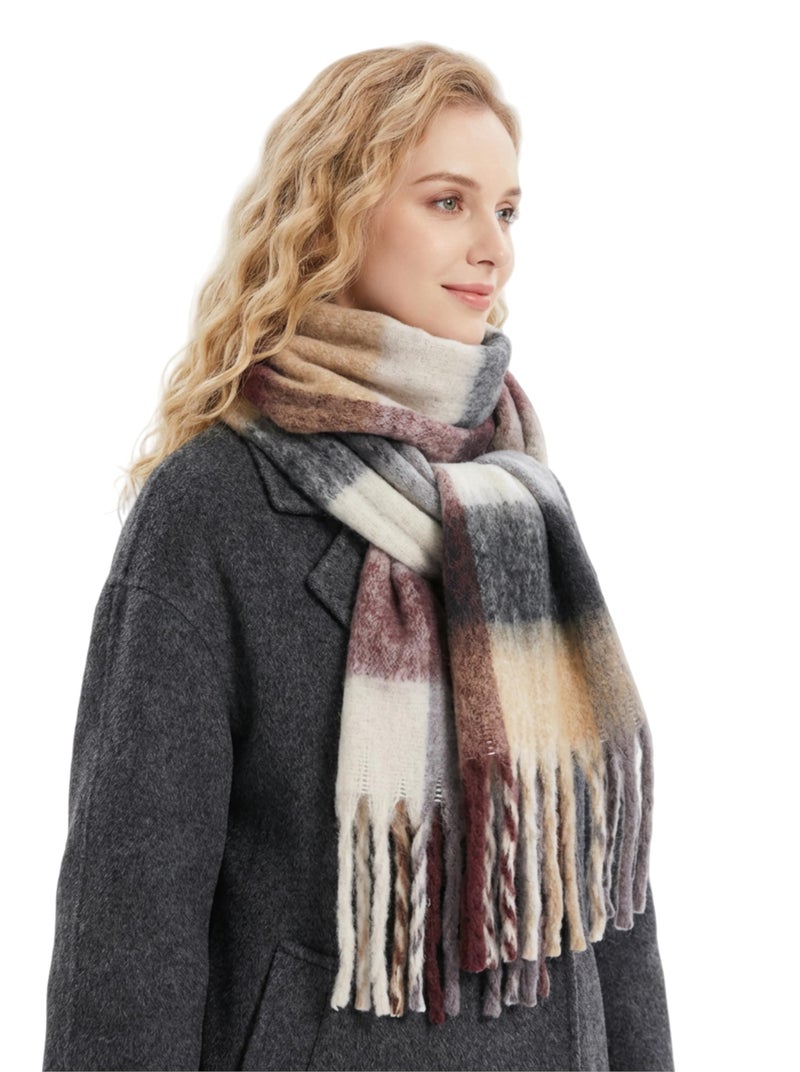 TYHOTULY Chunky Scarf for Women Winter Plaid Thick Warm Long Shawl Wraps Cold Weather Big Christmas Fashion Blanket Scarves (Khaki Brown Black 38) - Image 2