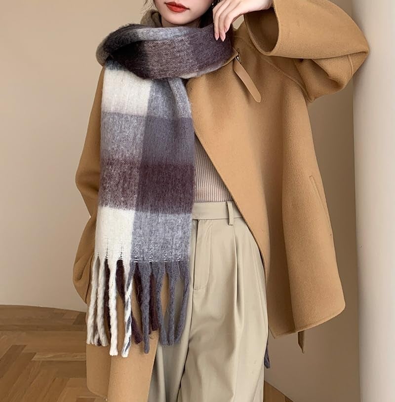 TYHOTULY Chunky Scarf for Women Winter Plaid Thick Warm Long Shawl Wraps Cold Weather Big Christmas Fashion Blanket Scarves (Khaki Brown Black 38) - Image 4