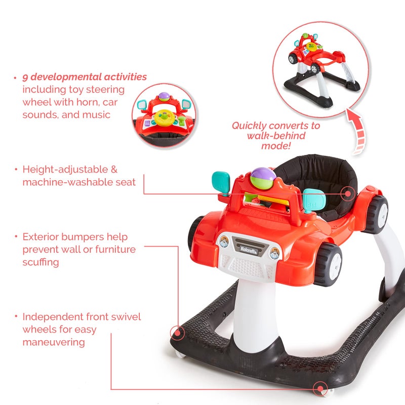 Kolcraft 4x4-2-in-1 Infant and Baby Push Walker with Wheels, Seated or Walk-Behind Design, Steering Wheel with Lights and Car Sound Activities for Boys and Girls, Wide and Sturdy Frame - Racer Red - Image 4