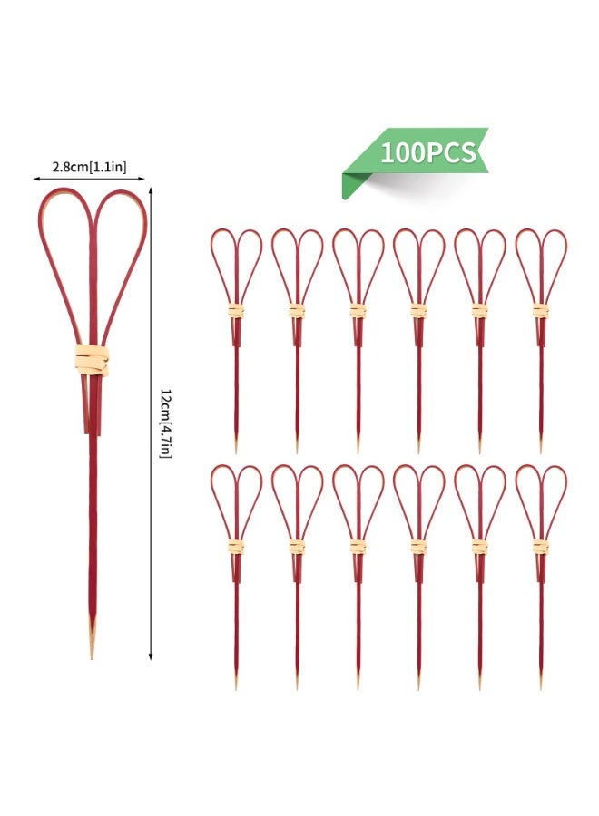 Bamboo Cocktail Sticks with Knot, 100 Pcs Red Food Picks for Appetizers & Drinks, 12cm - Image 2