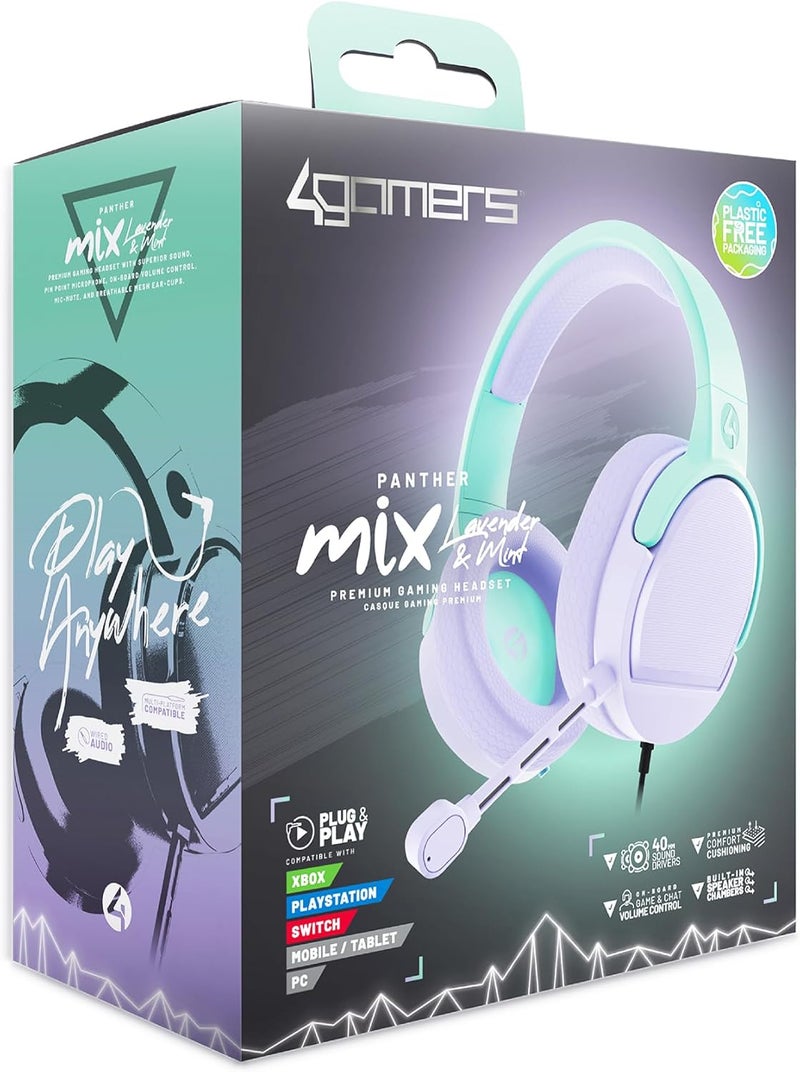 4gamers Panther Mix Gaming Headset - Compatible with PS4, PS5, Xbox, Switch & PC - Mint & Lavendar - Image 1