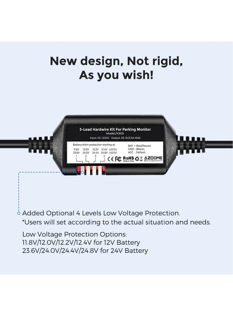 AZDOME 3-Lead ACC Hardwire Kit Type-C USB Port for M550 M580 M660 M01Pro PG17 GS63HPro DashCam,12ft with Fuse Kit, Dash Camera 24H Parking Monitor,Convert 12V-24V to Output 5V/2.5A Max,Low Voltage Protection - Image 2