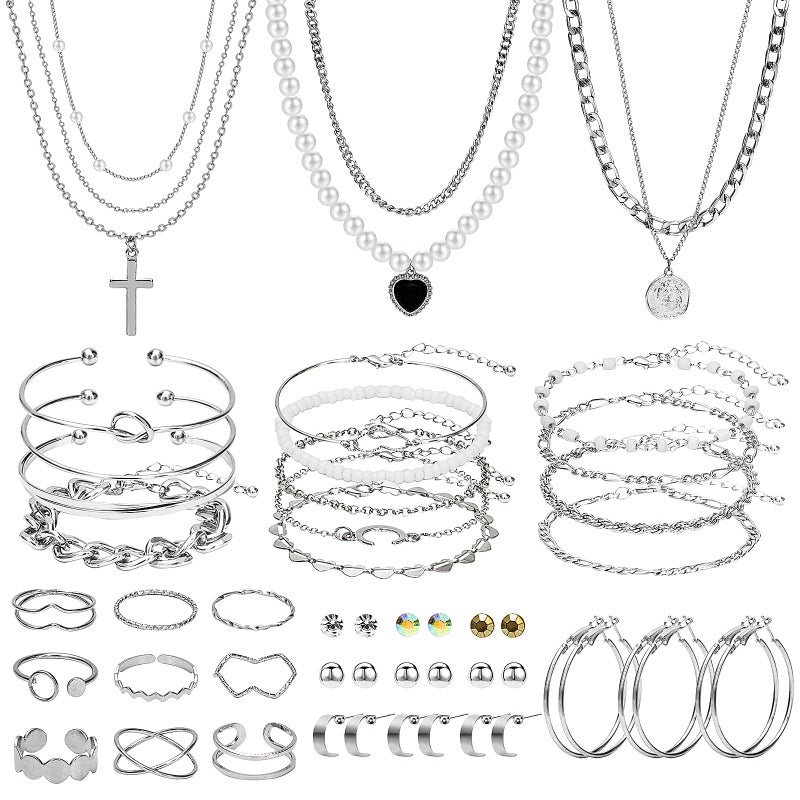 NEWITIN 50 Pieces Silver Jewelry Set for Women Fashion Costume Jewelry Silver Plated Necklace Bracelet Ring Earrings Set for Women - Image 1