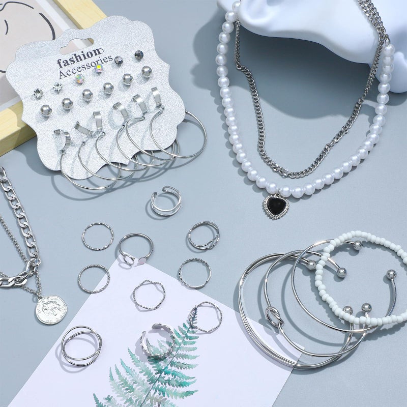 NEWITIN 50 Pieces Silver Jewelry Set for Women Fashion Costume Jewelry Silver Plated Necklace Bracelet Ring Earrings Set for Women - Image 3