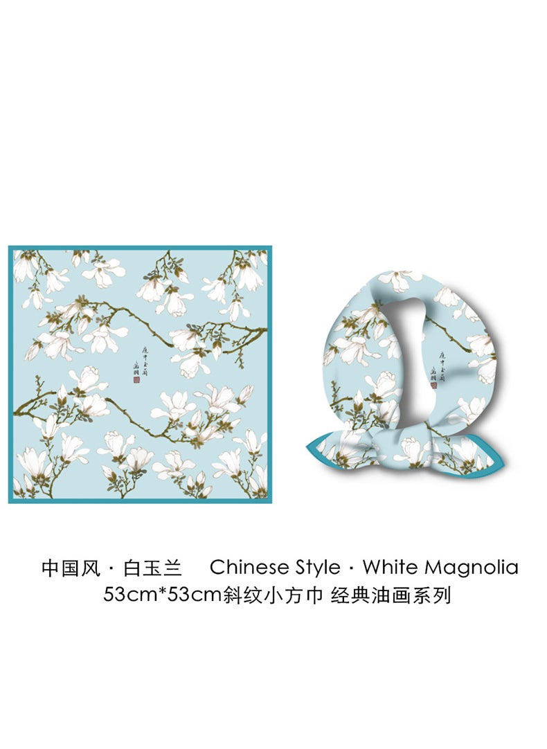 Generic Autumn Artistic Retro Small Square Towel Thin Style Silk Scarf Shawl Adults Chinese Style Traditional Design Magnolia  - Image 1