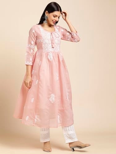 RATAN Women's Muga Cotton Regular Fit Flared Lucknowi Chikankari Ethnic Wear Kurta (TPD-4481-Small_Peach) - Image 4