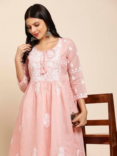 RATAN Women's Muga Cotton Regular Fit Flared Lucknowi Chikankari Ethnic Wear Kurta (TPD-4481-Small_Peach) - Image 5