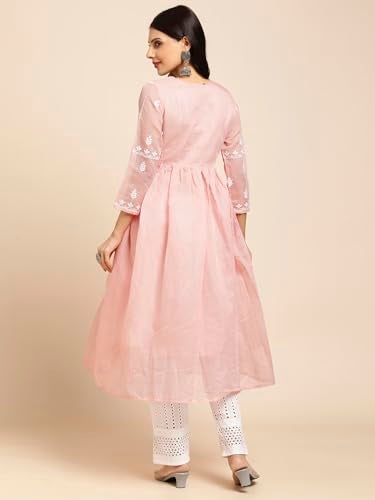 RATAN Women's Muga Cotton Regular Fit Flared Lucknowi Chikankari Ethnic Wear Kurta (TPD-4481-Small_Peach) - Image 3