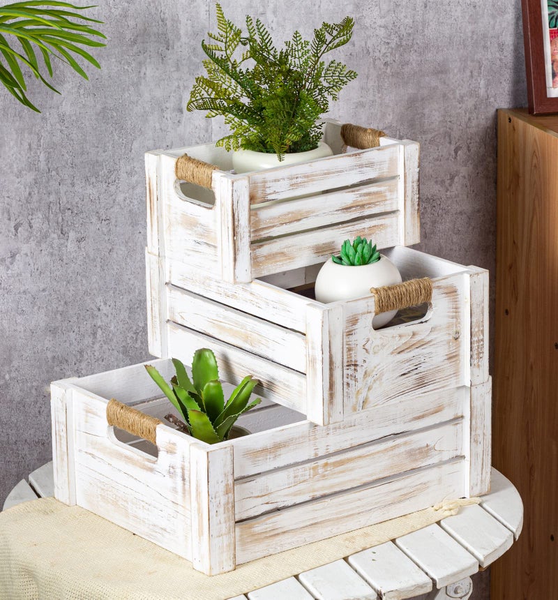 TIMRIS Set of 3 Rustic Wood Nesting Crates Farmhouse Wooden Storage Container Boxes with Cutout Handles Decorative Wooden Baskets for Display Whitewash