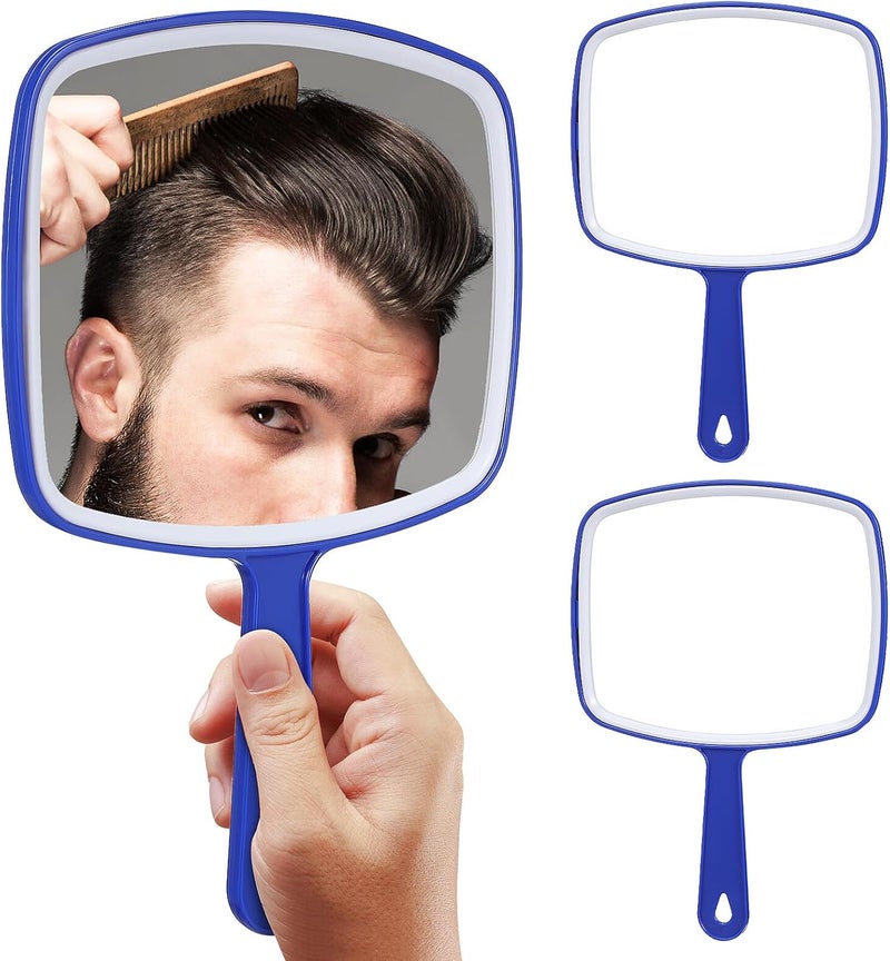 Handheld Makeup Mirror Set 3 Pieces Blue Large Mirror Surface Portable for Women and Bathroom Travel Use - Image 1