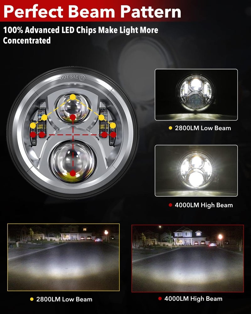 BICYACO 7 Inch LED Motorcycle Headlight with 4.5 Inch Fog Lights Passing Lamps DOT SAE Approved, Compatible with Harley Davidson Classic Electra Street Glide Fat Boy Road King Heritage Softail Chrome - Image 2