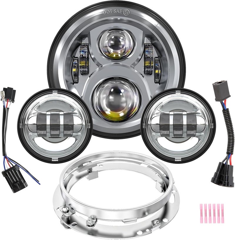 BICYACO 7 Inch LED Motorcycle Headlight with 4.5 Inch Fog Lights Passing Lamps DOT SAE Approved, Compatible with Harley Davidson Classic Electra Street Glide Fat Boy Road King Heritage Softail Chrome - Image 1