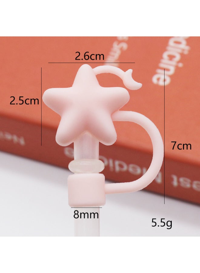 Silicone Straw Cap 8-10mm Cute Flower Doll Dust Cap Can Be Recycled Straw Plug-Color:Silicone Pink Star And Moon 8mm-Specifications:Bagged With Straw ] - Image 1