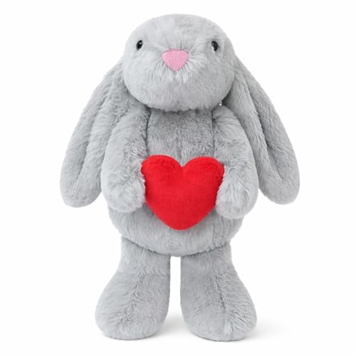 Aqushymallow Cow 8 Bunny Stuffed Animal with Red Heart Cute Plush Bunny Toy Soft Rabbit Gift for Kids Adults Valentines Day Christmas Birthday Anniversary Light Gray - Image 1