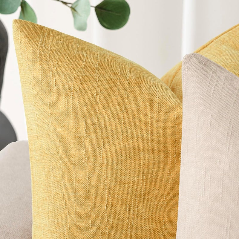 Foindtower Pack of 2 Cozy Textured Chenille Throw Decorative Pillow Covers Square Accent Solid Cushion Cover Neutral Farmhouse Pillow Case for Couch Sofa Bedroom Living Room 22x22 Inch,Light Yellow - Image 3