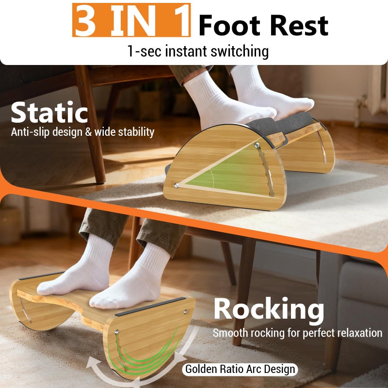 FOXHIVE Bamboo Foot Rest for Under Desk at Work - 3-in-1 Reversible Rocking Under Desk Footrest with Foam Cushion and 6 Adjustable Heights, Ergonomic Foot Rest with Washable Cover for Home, Office and Gaming - Image 3