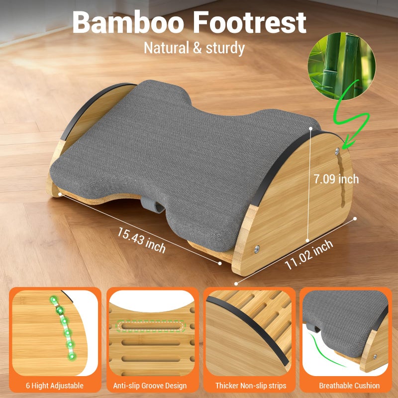 FOXHIVE Bamboo Foot Rest for Under Desk at Work - 3-in-1 Reversible Rocking Under Desk Footrest with Foam Cushion and 6 Adjustable Heights, Ergonomic Foot Rest with Washable Cover for Home, Office and Gaming - Image 2