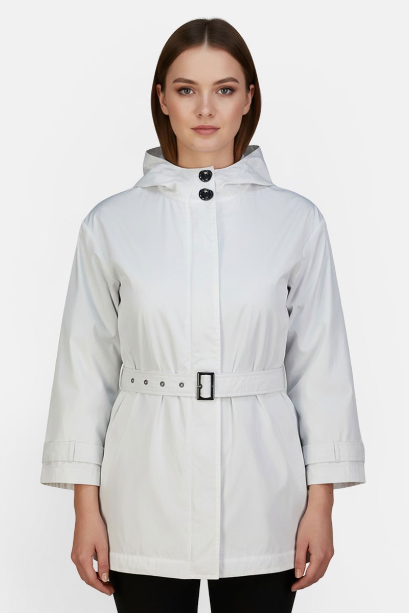 GEOX Women Solid Long Sleeve Wind Breaker Jacket With Belt, White - Image 1